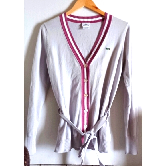 Lacoste Women's Stipe Detail Belted Button-Front Cardigan - Grey/Pink - Picture 2 of 16
